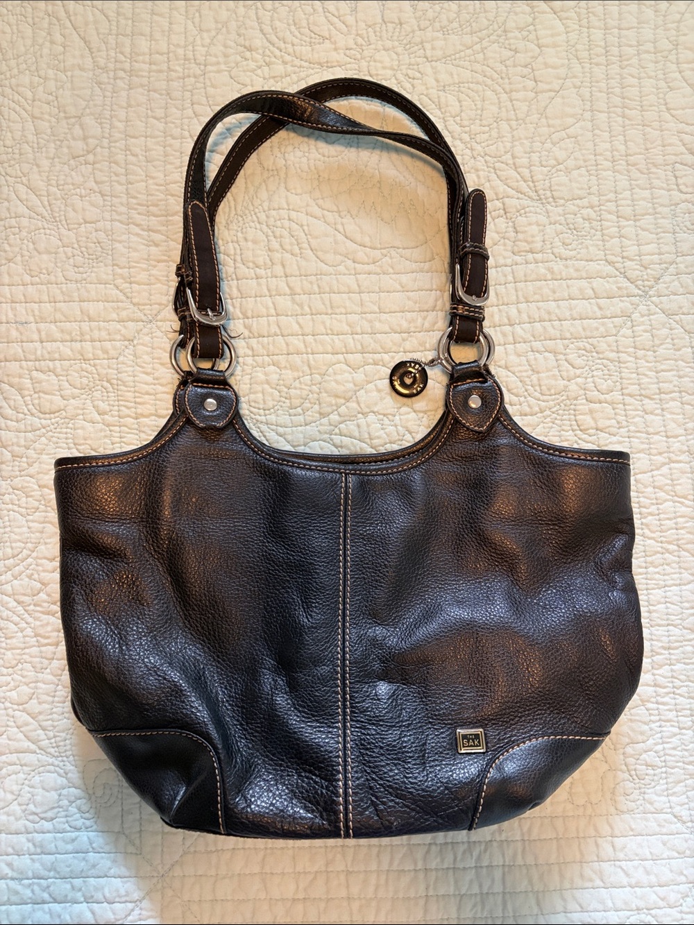 The Sak Black Leather Shoulder Bag with Contrast Stitching